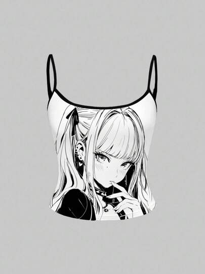 Anime Camiseta sin tirantes sexy y linda de contraste de color negro y blanco con diseño de anime y estilo Y2K para mujer