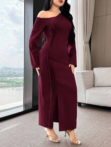 Modelyn 女式纯色斜肩长袖修身褶皱连衣裙 - 酒紅色 - 查看 3