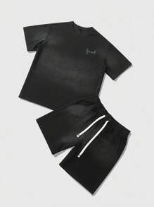 ROMWE MEN Casual Conjunto de camisetas para hombre, diseño americano de calle con efecto cebra, estampado gráfico en inglés, conjunto de manga corta - Gris - Ver 5