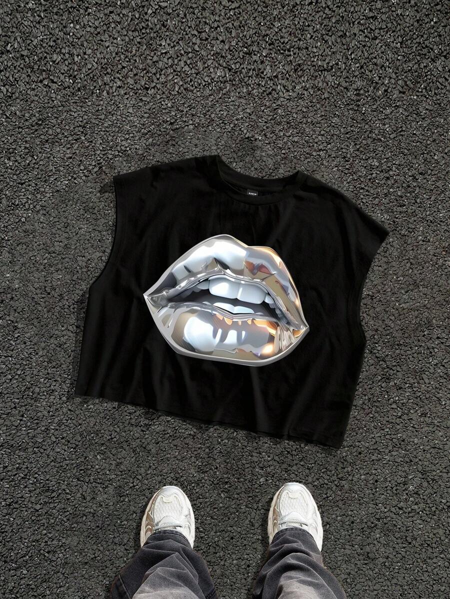 Manfinity Roghcode Men's Fashion Lip Print Sleeveless Top, Black Wide Shoulder, Suitable For Summer - Black - View 1