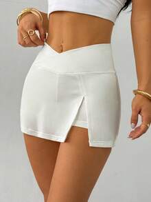 SHEIN PETITE 高弹力针织双层V腰女低腰裙Y2K日常休闲百搭风女白色短裙白色短裙搭配短裤网球裙套装网球女短裙 - 白色 - 查看 5