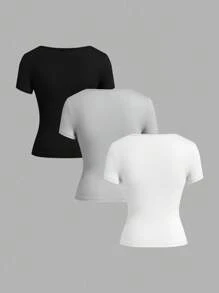SHEIN EZwear 3 件套女士黑色、浅灰色、白色短袖短款休闲修身 T 恤，适合夏季 - 彩色 - 查看 2