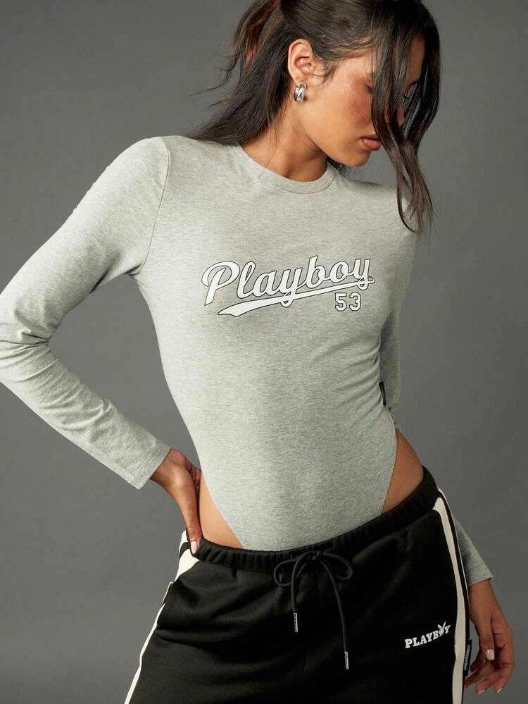 Missguided x Playboy Long Sleeve Fitted Bodysuit With Varsity Text Print