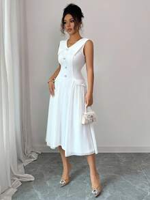 Rafferiza Women's Solid Color Faux Pearl Button Design Sleeveless Elegant Dress - White - View 6