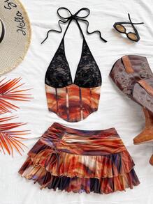 Soleia New Gradient Printed Halter Backless Crop Top & Mini Skirt 2 Pieces Set, Perfect For Beach Vacation Sunset Colors Outfit, Desert Outfit, Havana Nights Outfit, Tequila Sunrise Outfit, Coastal Cowgirl Outfit - Multicolor - View 1