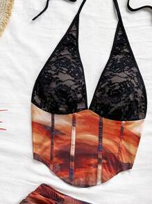 Soleia New Gradient Printed Halter Backless Crop Top & Mini Skirt 2 Pieces Set, Perfect For Beach Vacation Sunset Colors Outfit, Desert Outfit, Havana Nights Outfit, Tequila Sunrise Outfit, Coastal Cowgirl Outfit - Multicolor - View 3