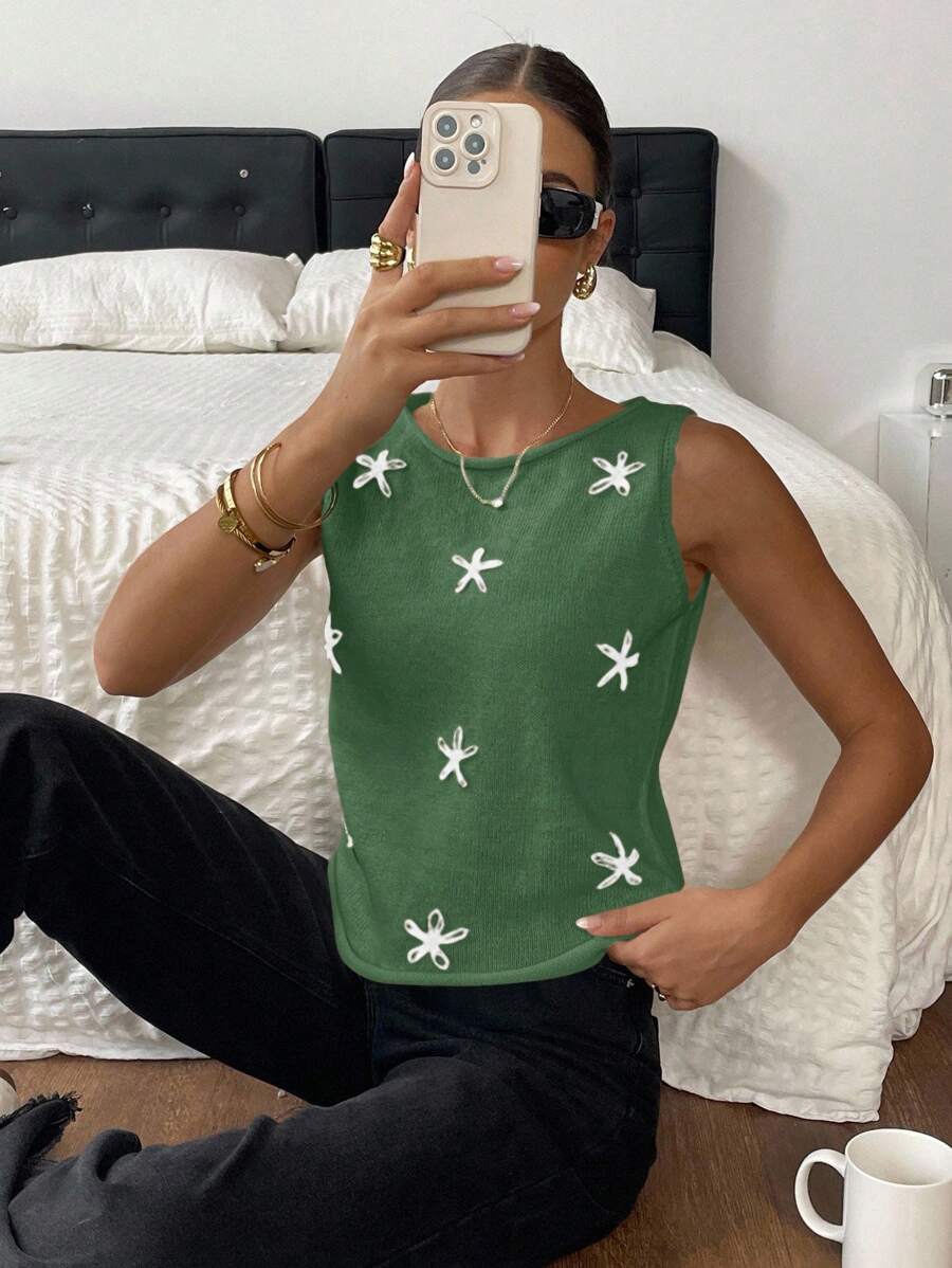 SHEIN Frenchy Áo len cổ tròn họa tiết hoa giản dị dành cho nữ mùa thu/đông - màu xanh lá - Xem 1
