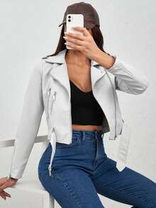 EURMUSE Women'S Asymmetric Collar Zipper Front Belted Jacket - White - View 5