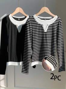 SHEIN EZwear Camiseta de manga larga casual de mujer con parches de colores contrastantes, para otoño/primavera