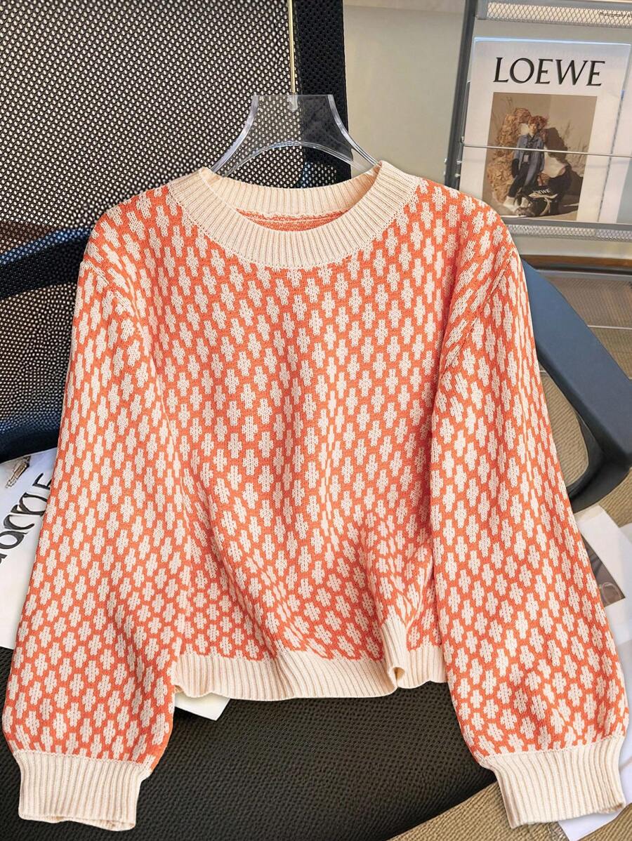 Franclia Allover Print Contrast Trim Drop Shoulder Sweater,Long Sleeve Tops