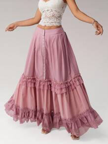 SHEIN ICON 女士啤酒节粉色蕾丝花边拼布低腰半身裙，可爱又休闲 - 粉色 - 查看 2