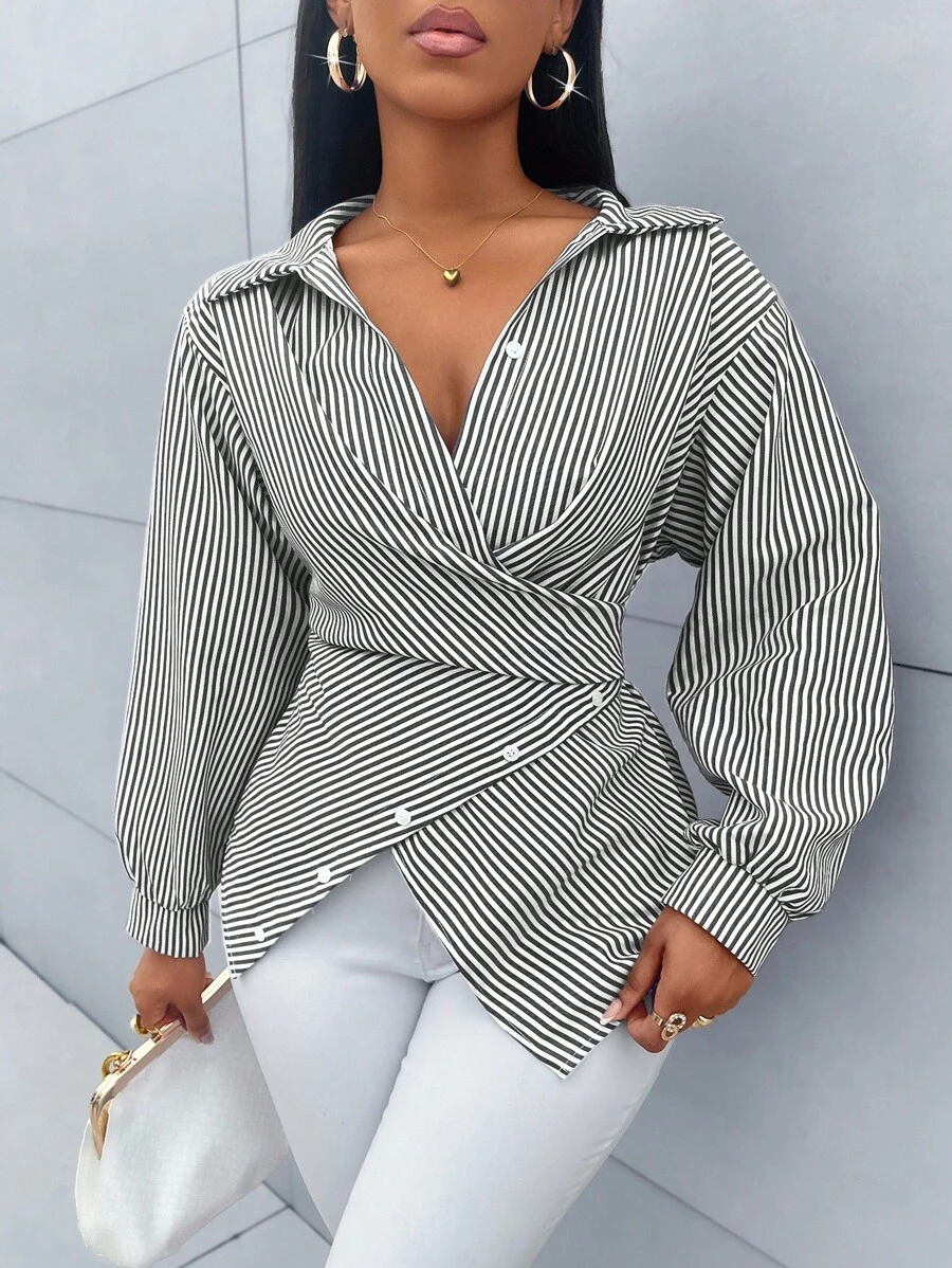 SOLERSUN 女式条纹印花纽扣前开襟衬衫，不对称下摆，蝙蝠袖，裹身衬衫，秋季，长袖，优雅，日常通勤，外出，休闲