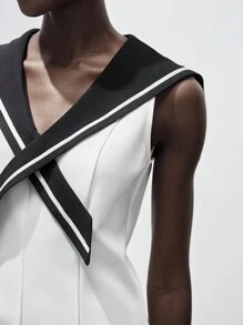 Lumivelle 女士极简水手领复古法式航海风撞色无袖A字迷你连衣裙，适合约会、春夏穿着，全白夏季连衣裙，适合大学校园穿着。 - 白色 - 查看 5