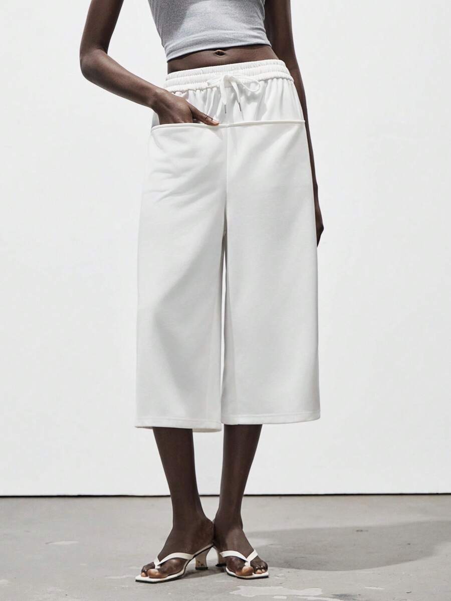 Lumivelle Loose Baggy Pocket Capri Pants, Lightweight All White Clothes For University - White - View 1