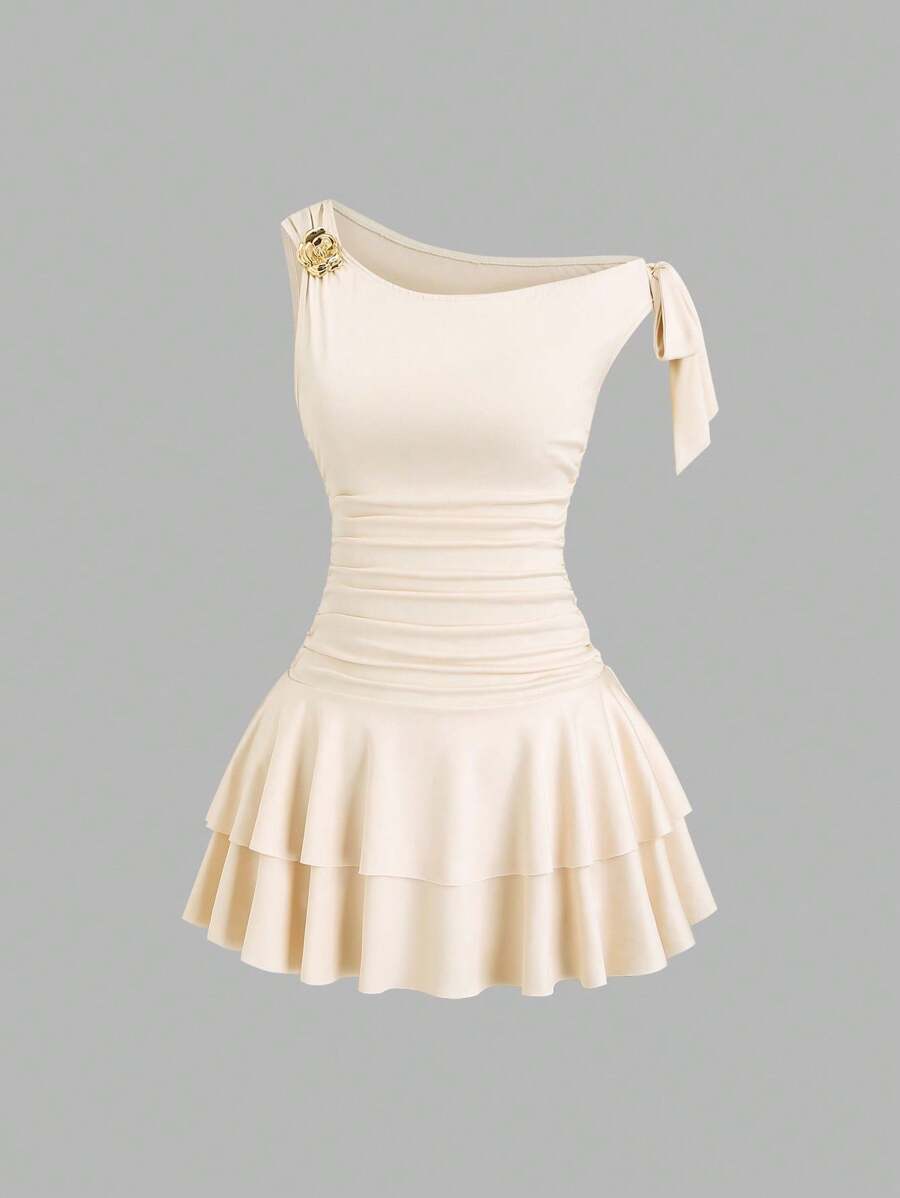 Sweetra Women's Summer Vacation Style Minimalist Solid Color Asymmetrical Neck Ruffle Waist Layered Ruffle Hem Dress - Apricot - View 1