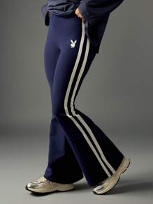 Missguided x Playboy Quần legging cạp cao ôm vừa vặn có sọc hai bên hông kiểu dáng cổ điển lấy cảm hứng từ trường đại học, thiết kế retro co giãn, quần ống loe cho mùa thu đông - Màu xanh hải quân - Xem 5