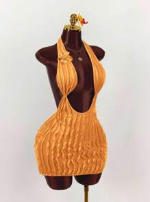 Amplova Đầm ôm body ngắn hở lưng, hở lưng, kiểu dáng du lịch biển gợi cảm mùa hè cho nữ - trái cam - Xem 3