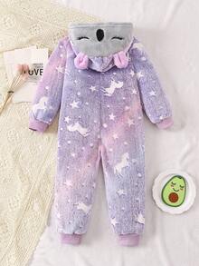 少女可爱紫色夜光考拉刺绣连帽长袖连衣裤家居服 - 紫色 - 查看 2