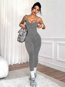 Easithlete 1 件女士哑光水洗圆领扭纹吊带连体裤灰色健身连体裤无缝健身连体裤瑜伽连体裤健身连体裤女士健身连体裤 - 淺灰色 - 查看 5