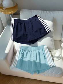 Comfortcana 2pcs Women's Summer Contrast Color Waistband Shorts - Blue - View 4