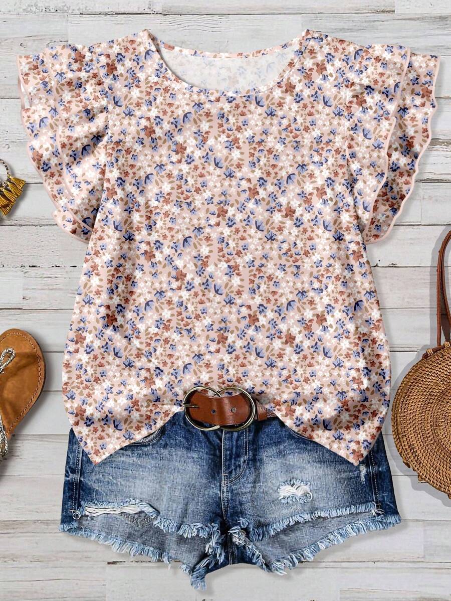 EMERY ROSE 大码女装日常休闲优雅复古度假风热带花卉图案圆领双层小飞袖宽松衬衫，女装夏装，女装度假服装，W