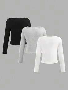 SHEIN Girlism 3件套少女休闲修身短款喇叭袖简约V领长袖T恤，黑/灰/白秋冬3件装上衣 - 彩色 - 查看 2