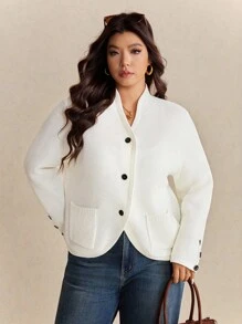 Elaquor 秋季大码女式休闲日常简约纯色单排扣开衫 - 杏色 - 查看 5