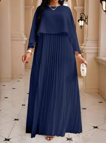 Fleurora 2025 New Plus Size Navy Blue Solid Color Pleated Dress, Fashionable Summer Women Church Dresses Festival Elegant Classy Fall Clothes For - Navy Blue - View 4