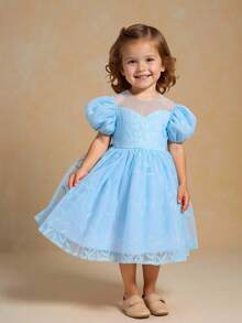 Glamorique Kids Baby Girls Light Blue Floral Summer Elegant Flower Girl Puff Sleeve Bow Embroidery Mesh Tulle Princess Dress,Wedding Party 1st Birthday Puffy Dress - Blue - View 9