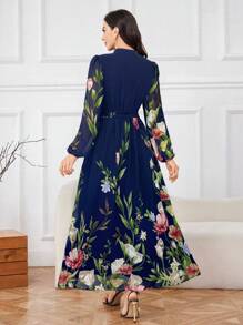 Modelyn Váy maxi xòe tay dài bằng vải voan in hoa cổ Mandarin dành cho nữ, lãng mạn và thanh lịch - Nhiều màu - Xem 2