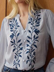 Écloséra 优雅 V 领荷叶边刺绣修身法式复古风格女式长袖衬衫，夏季