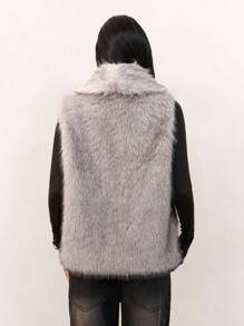 SHEIN Tall 女士纯色优雅通勤无袖仿皮草夹克，秋冬 - 卡其色 - 查看 2