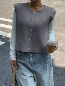 Siren Gaze Women's Casual Solid Color Short Wool Metal Button Sweater Vest,Fall Winter Casual Spring - Light Grey - View 3