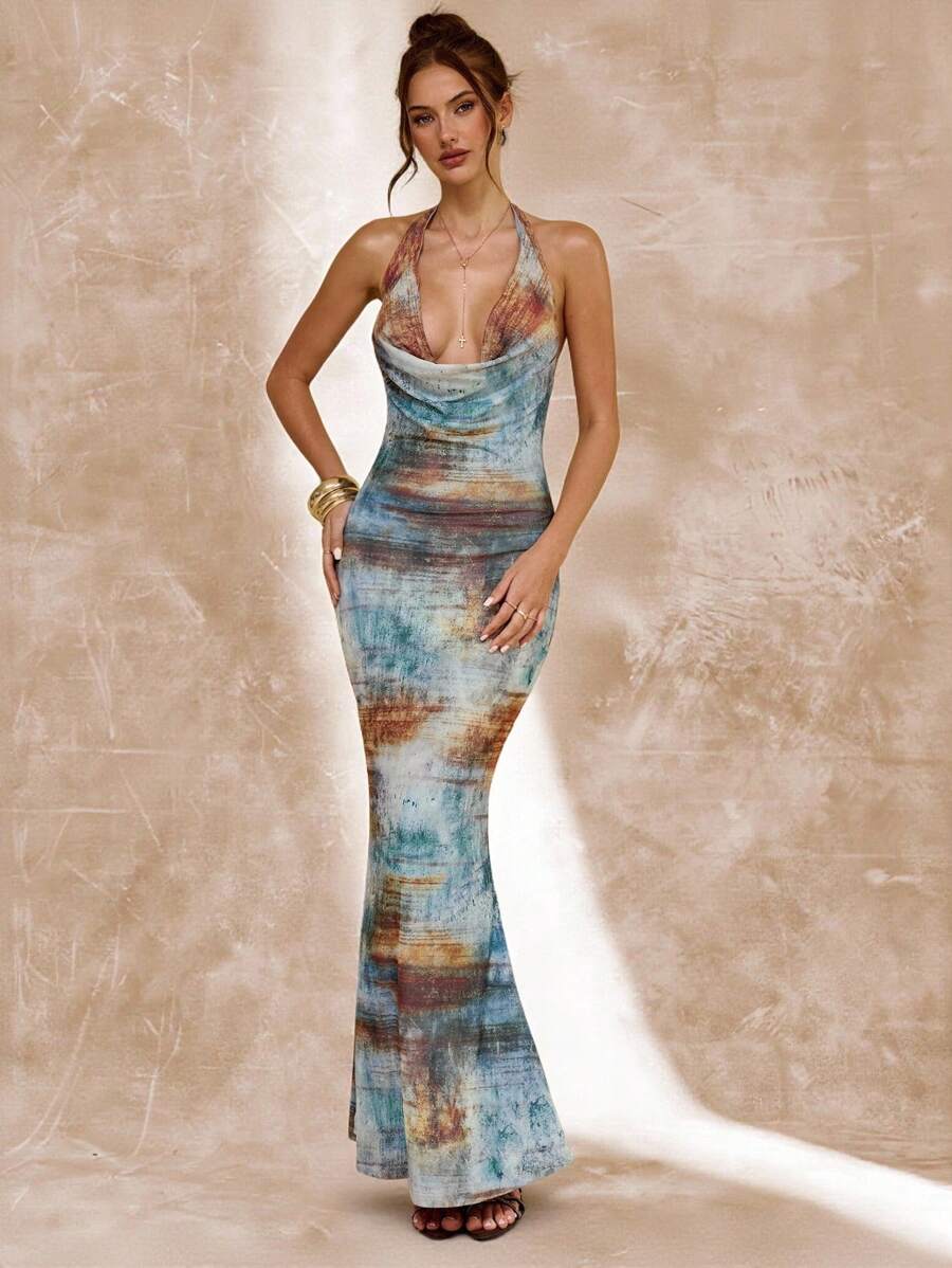 SHEIN BAE Elegant Tie-Dye Print Scoop Neck Slim Fit Dress, Casual & Simple, Spring/Summer - Blue - View 1