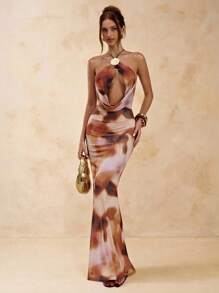 SHEIN BAE 扎染不对称褶皱修身细肩带露背连衣裙，优雅，海滩度假连衣裙，露背长裙，春夏