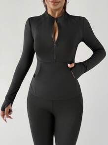 DAZY Damen Sportjacke mit hohem Kragen, halber Reißverschluss, Taschen und enganliegender Passform