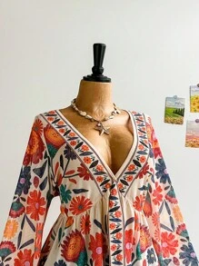 Soleia Plus Size Women's Vacation Knit Mesh Vintage Floral V-Neck Long Flare Sleeve Front Tie Blouse,Fall Clothes For Women - Multicolor - View 5