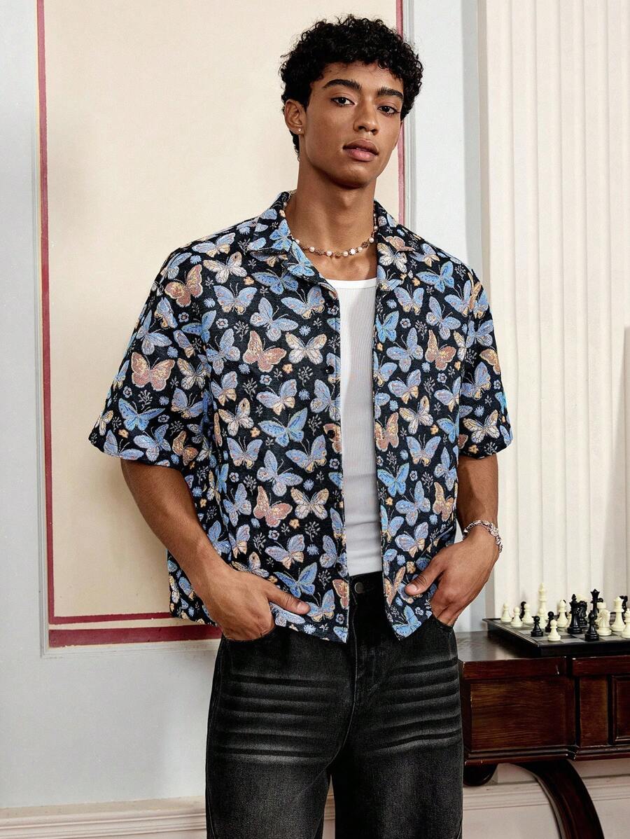 SWAVVY Men's Casual Vacation Style Allover Butterfly Print Short Sleeve Loose Shirt, Summer - Multicolor - View 1