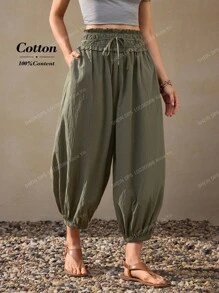 Wildy Summer Casual Country Vacation Green Lantern Pants With Elastic Waist, Cropped Length Cotton Capris For Women Capris For Women Green Capri Pants