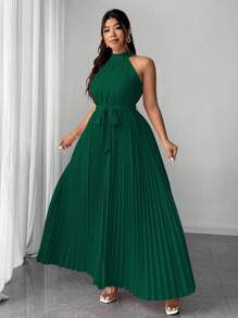 Elenzga Váy dự tiệc cưới thanh lịch lãng mạn cỡ lớn dành cho nữ, cổ yếm, thắt eo, xếp ly - Màu xanh lá cây đậm - Xem 2