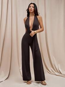 SHEIN PETITE Summer Beach Vacation Tight Sexy Deep V Knot Holiday Jumpsuit, Suitable For Daily Dating, Night Out, Nightclubs, Parties, Get-Togethers, Cocktail Parties, Pool Parties, Back-To-School Season Clothing, School Season, Holiday Clothing, Music Festival Clothing, Country Music Festival Clothing, Concert Clothing