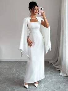 Elenzga Đầm suông cổ vuông thanh lịch cho nữ, tay áo đính ngọc trai, thích hợp cho đám cưới, tiệc tùng, lễ hội âm nhạc, mùa xuân và mùa thu - trắng - Xem 5