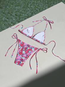 Summer Beach Floral Print Smocked Halter Triangle Bikini Set - Pink - View 2