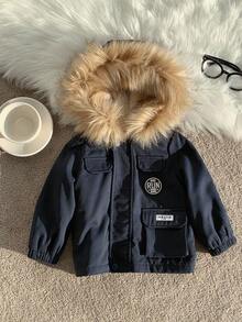 SHEIN 男婴保暖加厚外套，舒适百搭，休闲时尚，日常实用风格，带人造毛领连帽，长袖绗缝外套，适合室内、室外、日常、运动、玩耍、派对、假日、返校季、街头穿搭、秋冬季穿着。 - 藏蓝色 - 查看 6