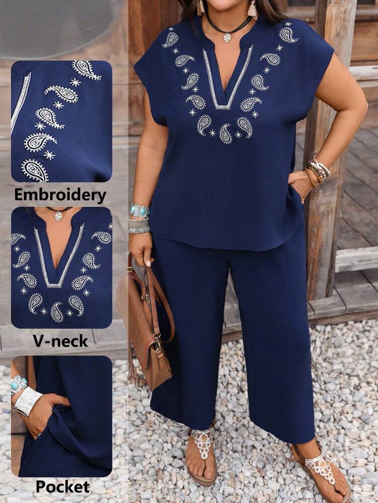 2 Stücke/Set Frauen Große Größen Cashew Muster V-Ausschnitt Hemd und Weite Bein Hose Set Große Größen Sommer Hosen Sets für Frauen Große Größen Marine Blau Hosen Set 2 Teilig Lässig Set Frauen Große Größen Herbst Frauen Kleidung Herbst Kleidung Große Größen, Konzert Outfits für Frauen, Loungewear Sets für Frauen, Western Wear Frauen Große Größen, Boho, Country Outfits Frauen