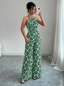 Elenzga Bộ đồ liền thân thắt eo bằng vải in họa tiết dành cho nữ, thanh lịch khi đi nghỉ và mặc hàng ngày - màu xanh lá - Xem 6