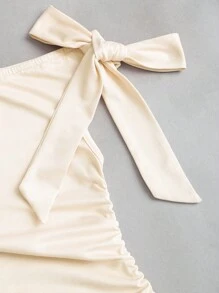 Sweetra Women's Summer Vacation Style Minimalist Solid Color Asymmetrical Neck Ruffle Waist Layered Ruffle Hem Dress - Apricot - View 3