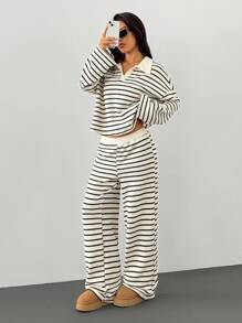 SHEIN PETITE Women's 2pcs Set Loose Striped V-Neck Drop Shoulder Long Sleeve T-Shirt &Elastic Waist Striped Pants, Winter Sweater Suit ,Autumn/Winter Women Striped Lounge Set Two Pieces Pants Set Women Two Pieces Set Casual Two Pieces Set Striped Two Pieces Set Comfortable Two Pieces Set - Black and White - View 5