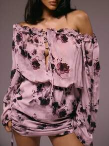 MUSERA Đầm ngắn tay dài trễ vai xếp ly cực kỳ gợi cảm bằng vải chiffon in hoa, thích hợp cho kỳ nghỉ hè, tiệc tùng, đám cưới, sinh nhật, câu lạc bộ, tiệc brunch, du lịch trên du thuyền, các dịp lễ hội, thanh lịch ở Ibiza, nữ tính, dễ thương. - Nhiều màu - Xem 2