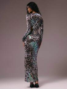 MUSERA Metallic Leoparden-Muster Ausschnitt Taille Langarm Maxikleid mit Schlitz vorne, für Herbst Winter Frühling Sommer Urlaub Abend Hochzeit Gast Geburtstag Club Sexy Brunch Ausgehen Kreuzfahrt Party Elegant Ibiza Anlass Mädchenhaft Niedlich